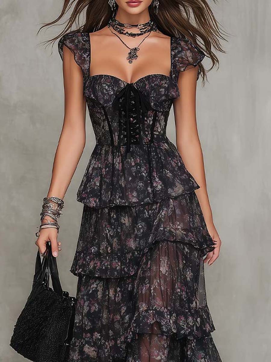 Abito Maxi in Chiffon a Balze con Corpetto Gotico Floreale