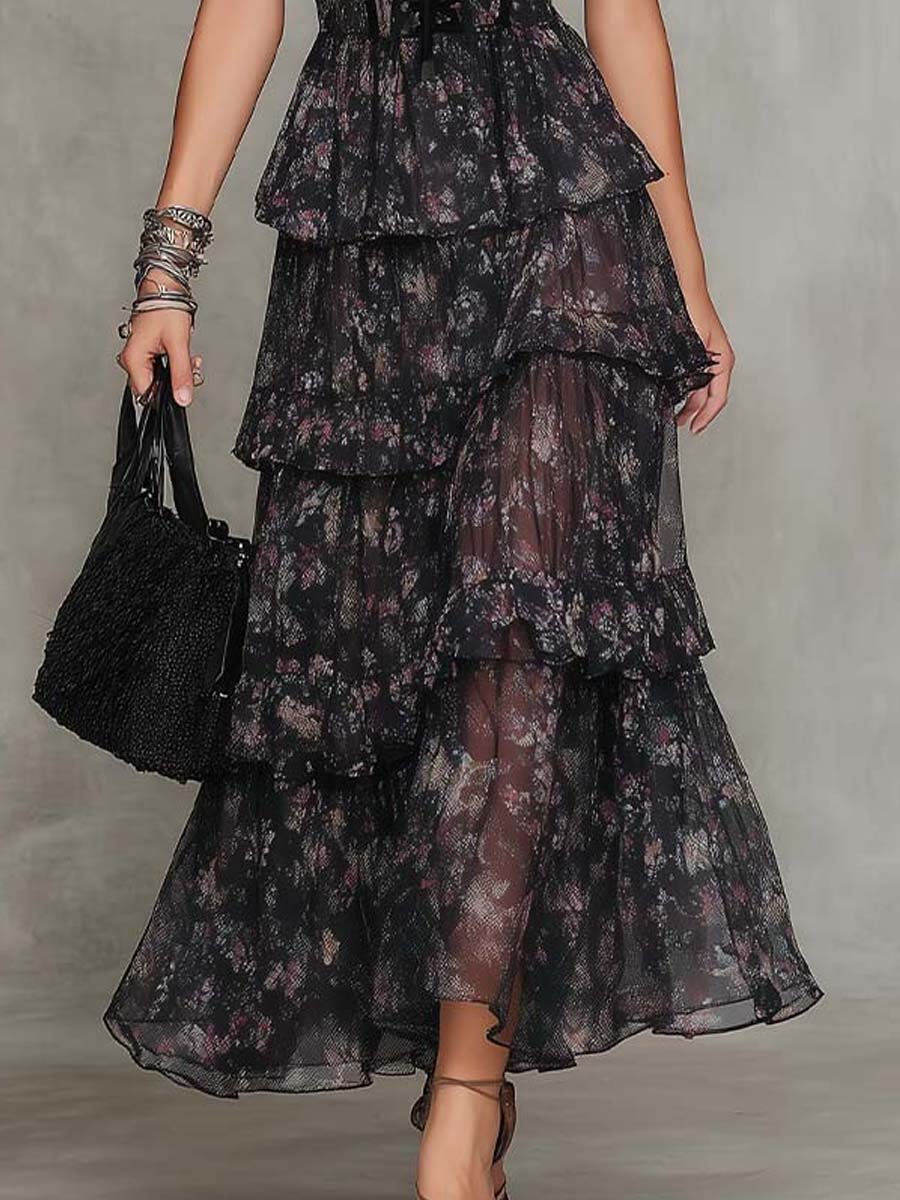 Abito Maxi in Chiffon a Strati con Corsetto Floreale Gotico