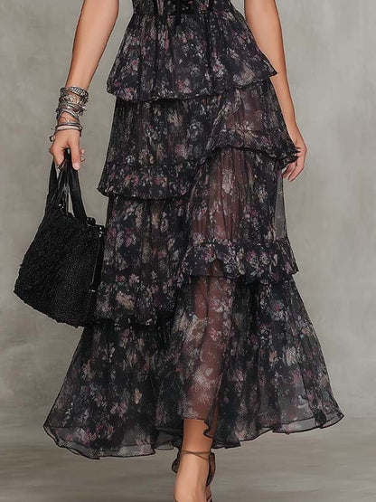 Abito Maxi in Chiffon a Strati con Corsetto Floreale Gotico
