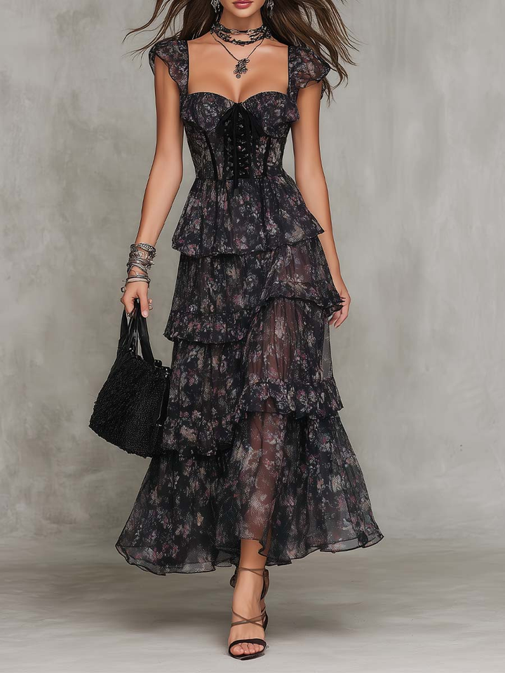 Abito Maxi in Chiffon a Strati con Corsetto Floreale Gotico