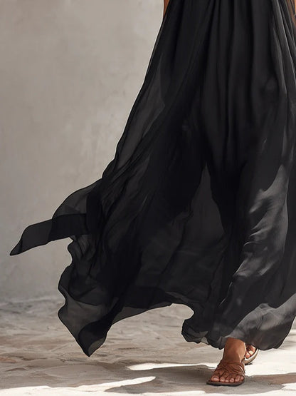 Abito Maxi Plissettato in Chiffon Nero con Scollo Halter