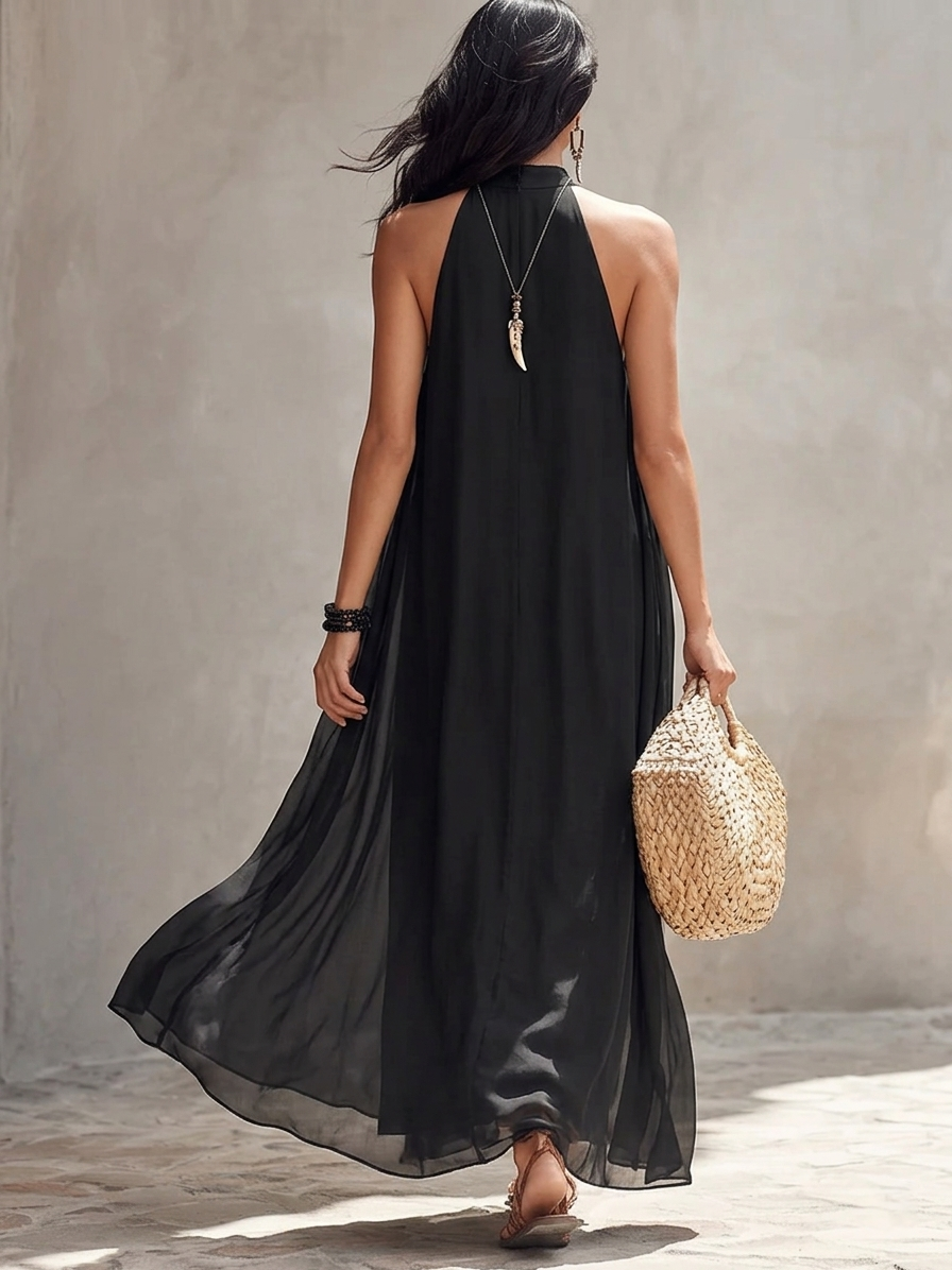 Abito Maxi Plissettato in Chiffon Nero con Scollo All'Americana