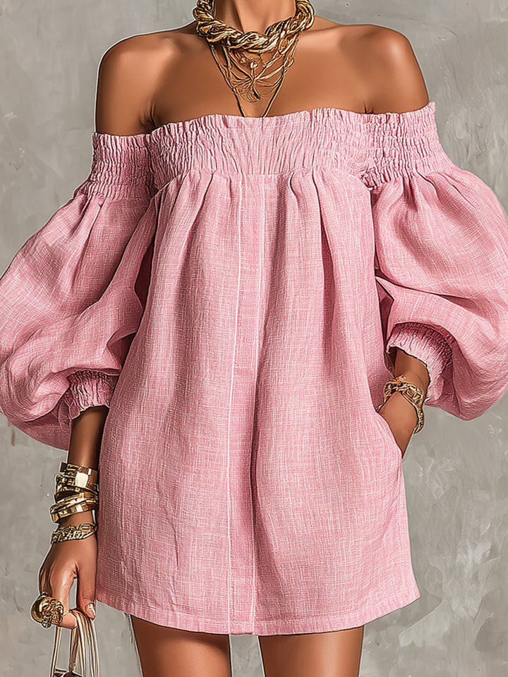 Rosa Abito Mini A-line con Maniche a Lanterna e Spalle Scoperte