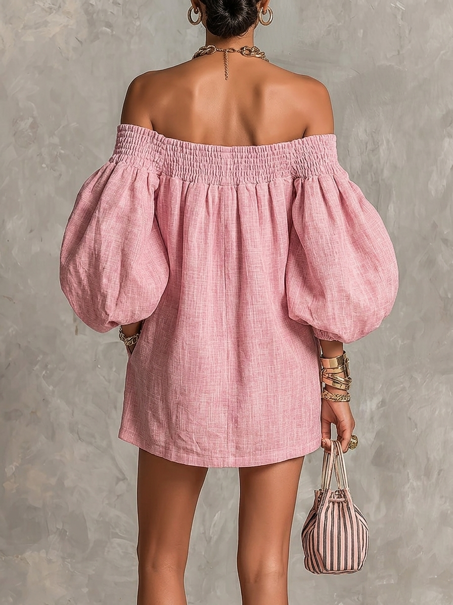 Rosabelle | Mini Abito A-Linea Ampio, Maniche a Lanterna, Spalle Scoperte Rosa