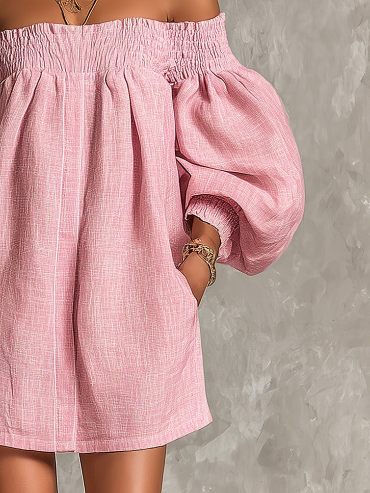Rosa Abito Mini A-line con Maniche a Lanterna e Spalle Scoperte