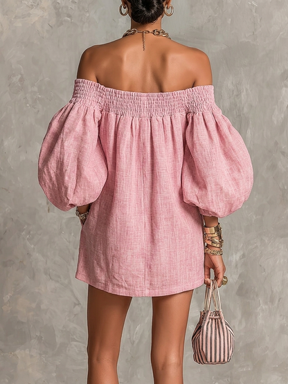 Abito Mini A-Line con Maniche a Lanternina e Spalle Scoperte Rosa
