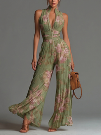 Tuta in Chiffon Verde Floreale Senza Maniche con Zip e Pieghe a Gamba Larga