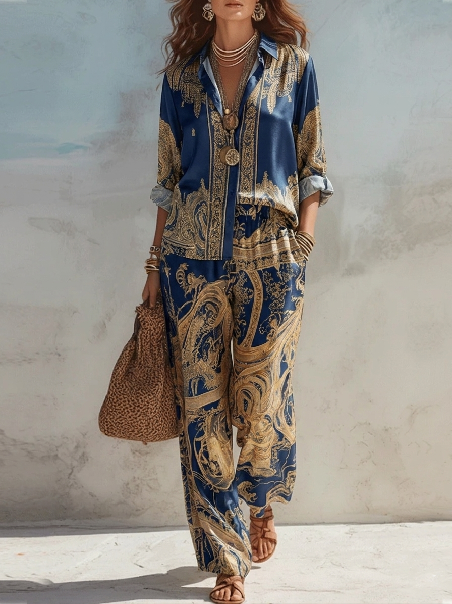 Camicia con Stampa Barocca Blu Navy e Pantaloni a Gamba Larga Due Pezzi
