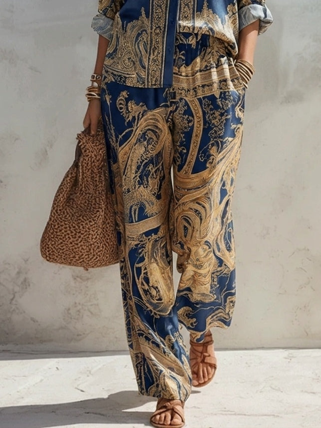 Set di Camicia con Stampa Barocca Blu Marina e Pantaloni a Gamba Larga