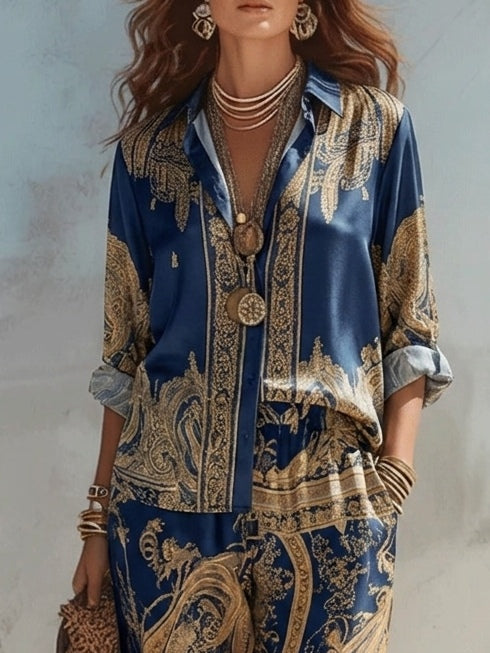 Set di Camicia con Stampa Barocca Blu Marina e Pantaloni a Gamba Larga