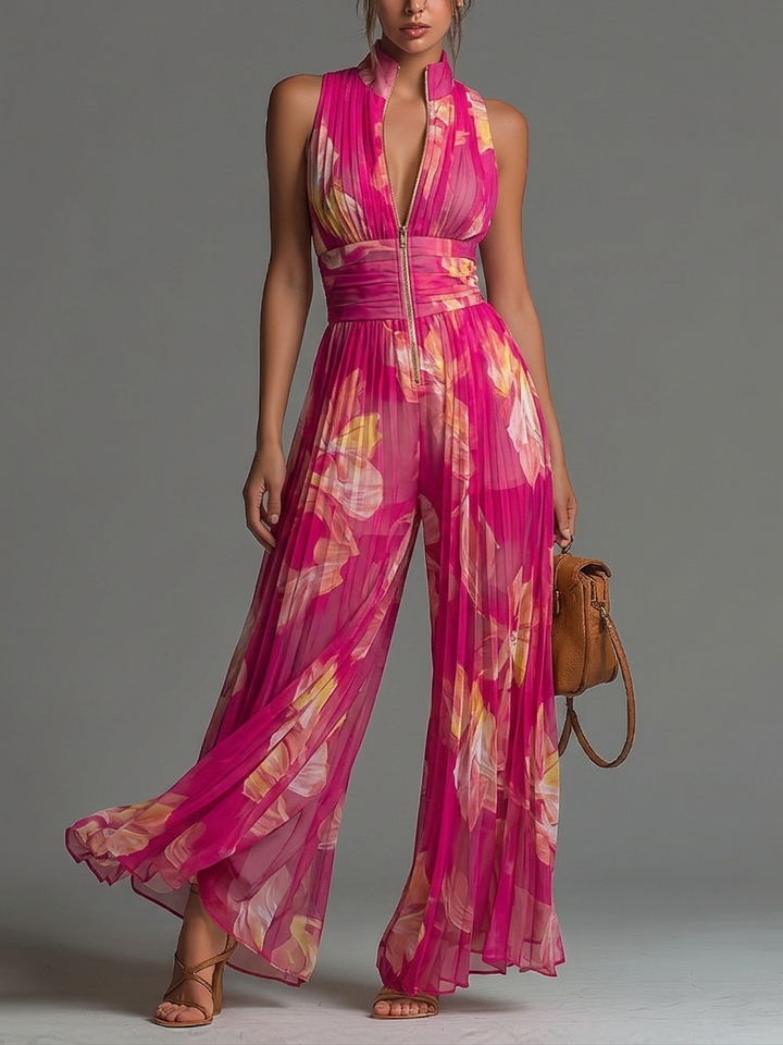Tuta senza maniche con zip plissettata in chiffon a stampa floreale fucsia
