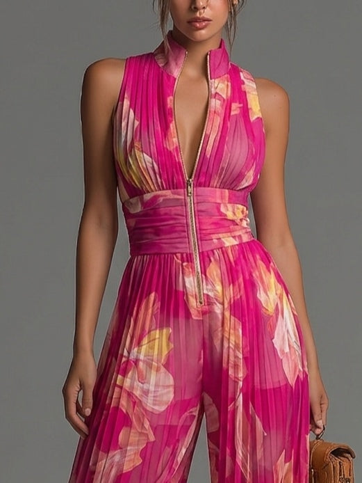 Tuta senza maniche con zip plissettata in chiffon a stampa floreale fucsia