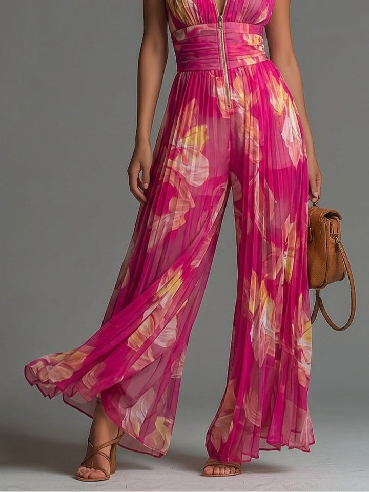 Tuta in Chiffon Plissettata Senza Maniche con Zip e Stampa Floreale Fucsia