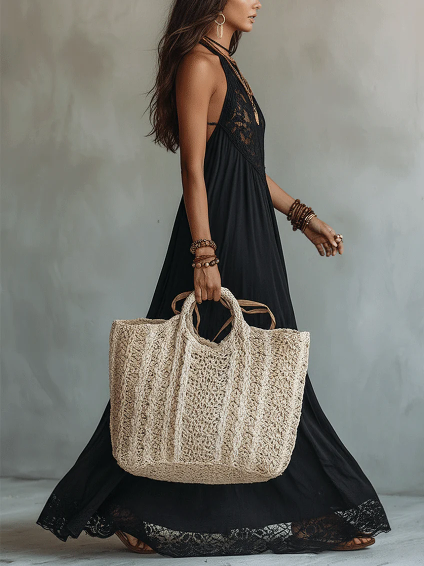 Abito Maxi Senza Maniche con Pizzo Nero Bohemien