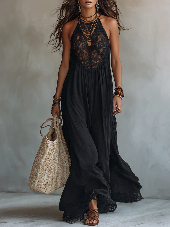 Abito Maxi Senza Maniche con Pizzo Nero Bohemien