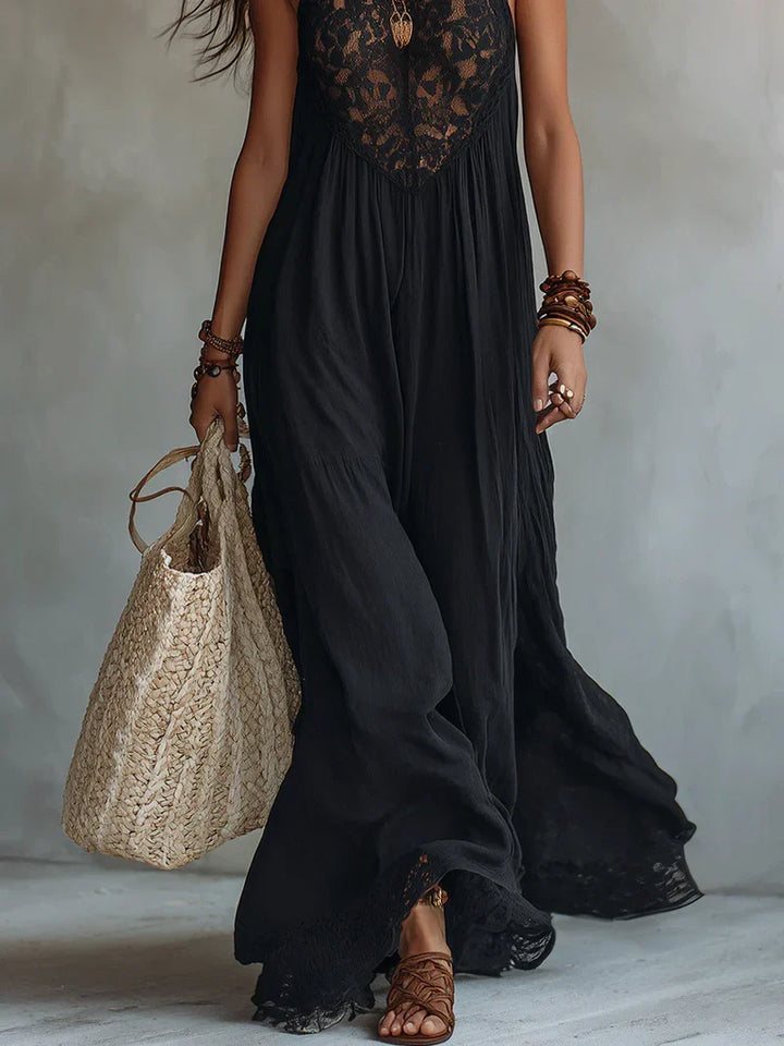 Triana Vestito Maxi Nero Senza Maniche con Dettagli in Pizzo Bohemio Prezzo Scontato