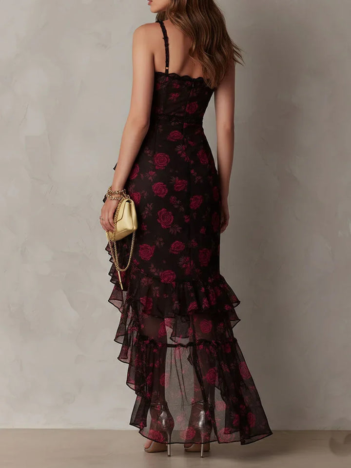 Lucía Vestito Chic Nero e Rosso con Stampa Floreale e Volant in Fondo