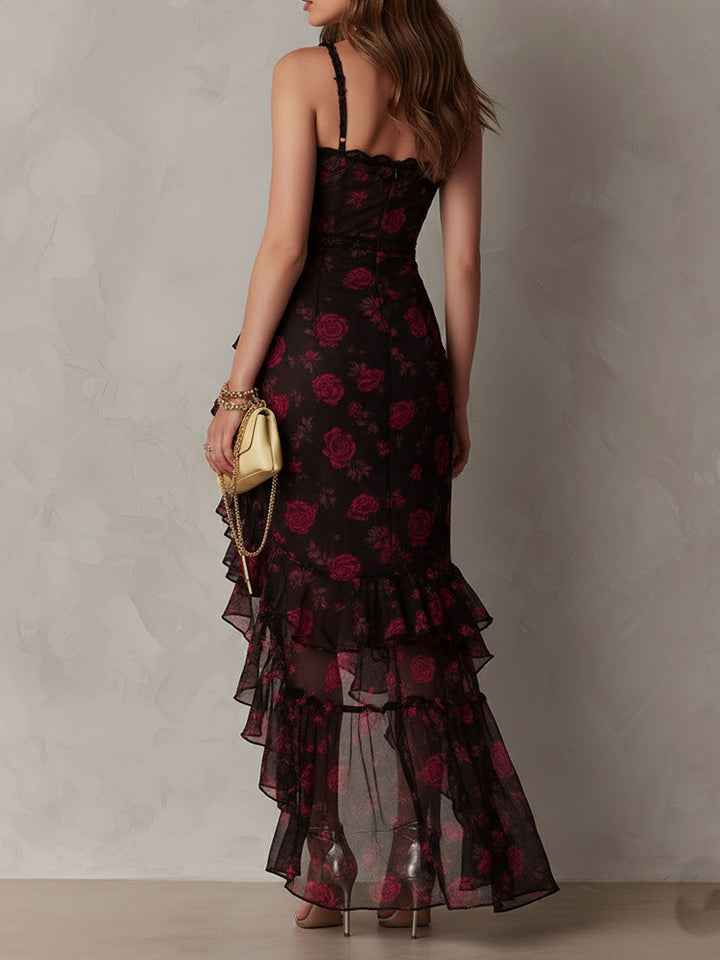 Abito Chic Nero e Rosso con Fiori e Ruches