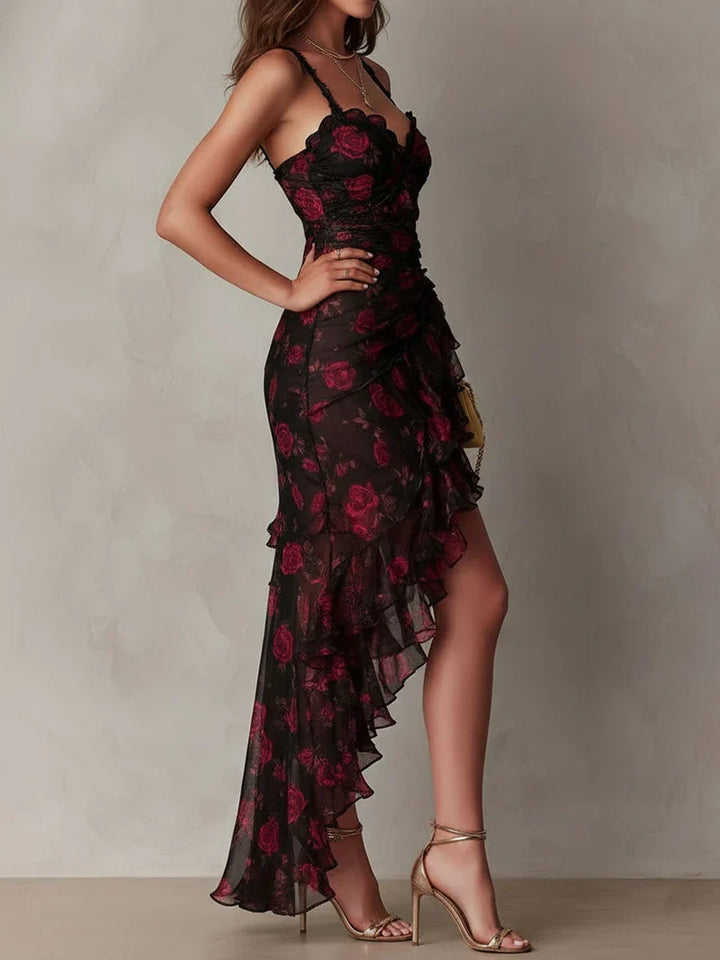 Lucía Vestito Chic Nero e Rosso con Stampa Floreale e Volant in Fondo