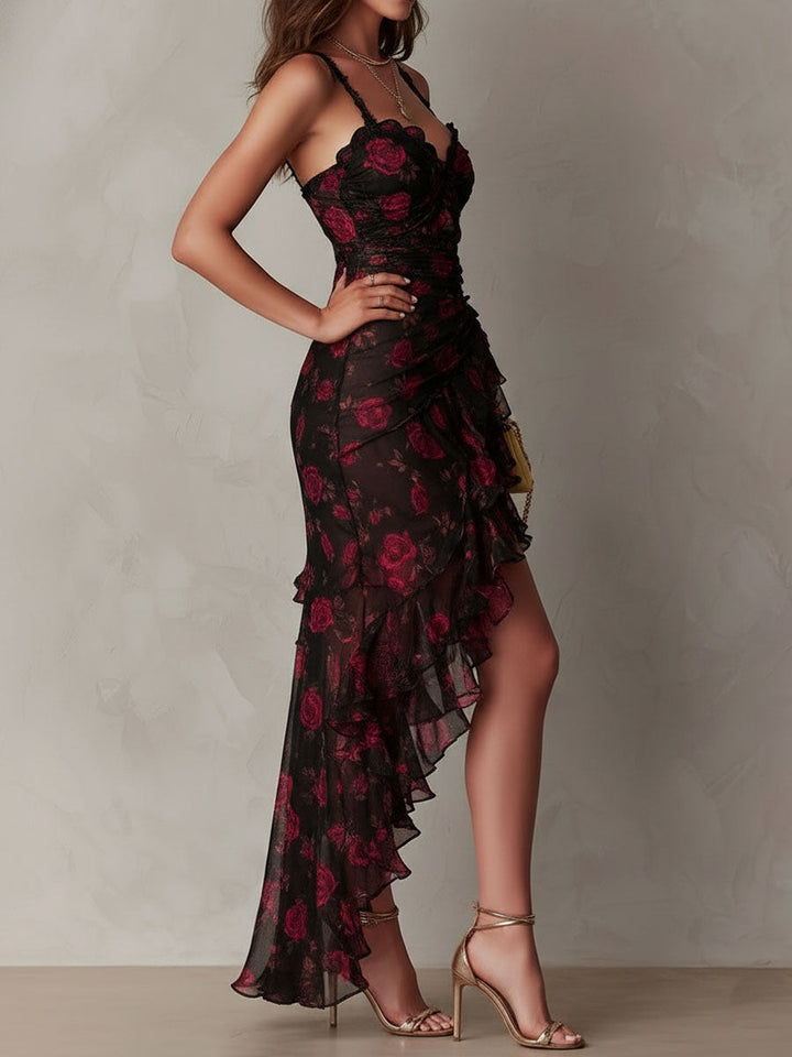 Abito Chic Nero e Rosso con Fiori e Ruches
