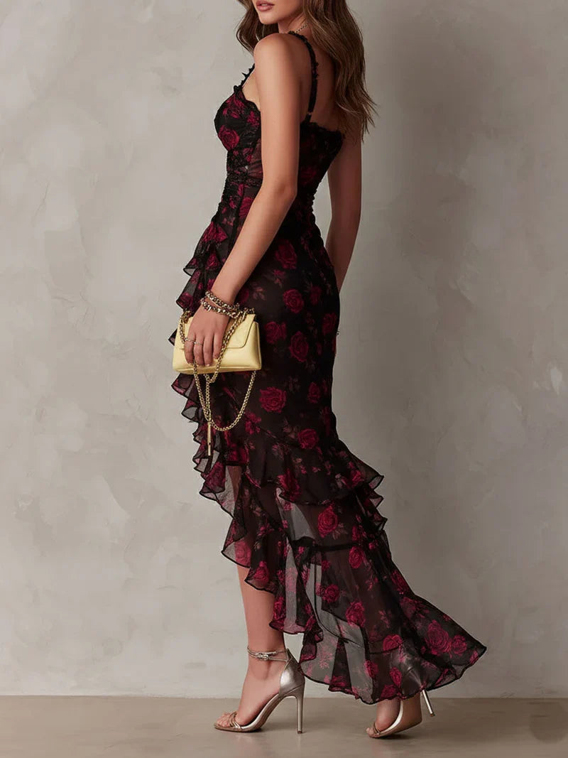Lucía Vestito Chic Nero e Rosso con Stampa Floreale e Volant in Fondo