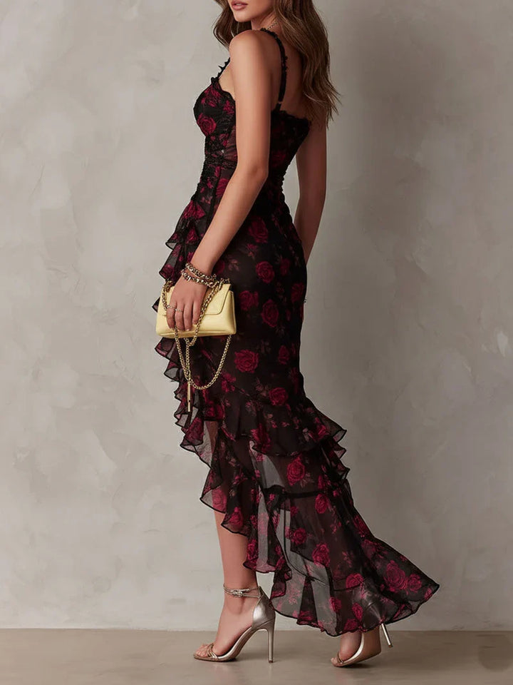 Lucía Vestito Chic Nero e Rosso con Stampa Floreale e Volant in Fondo