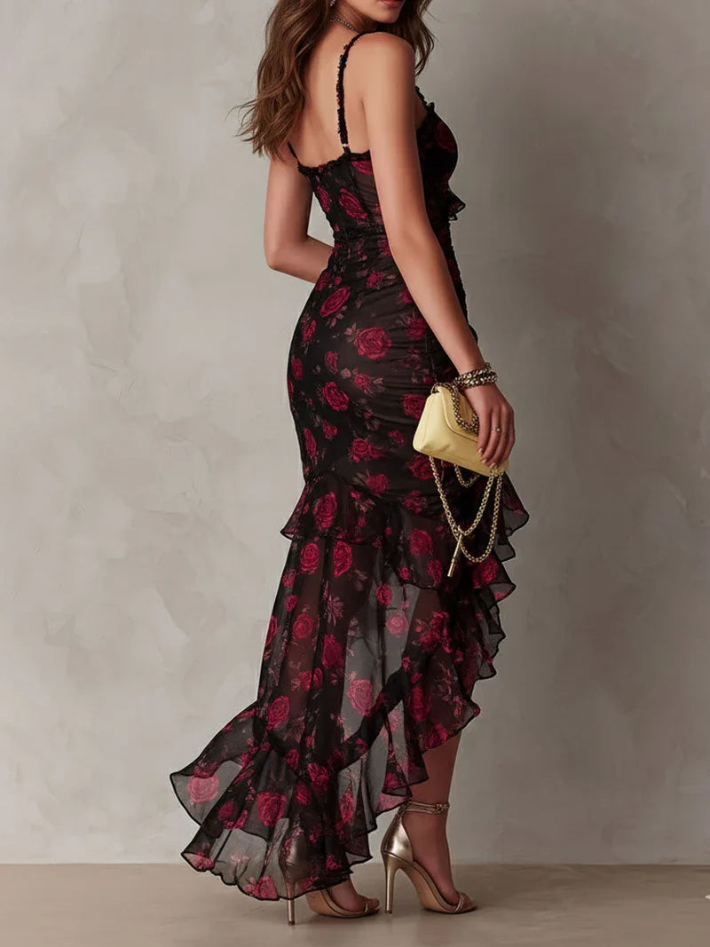 Lucía Vestito Chic Nero e Rosso con Stampa Floreale e Volant in Fondo