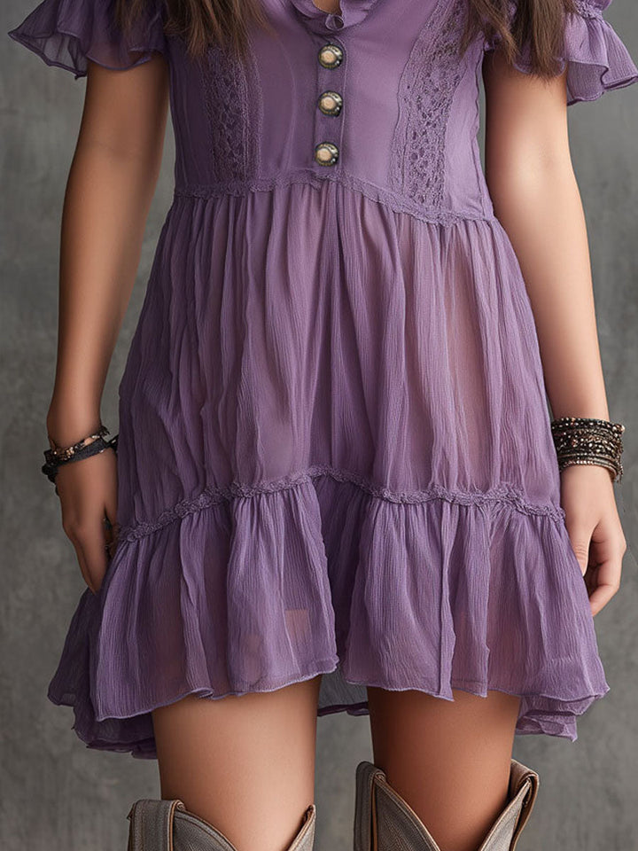 Abito Mini in Chiffon con Maniche a Puff e Rouches