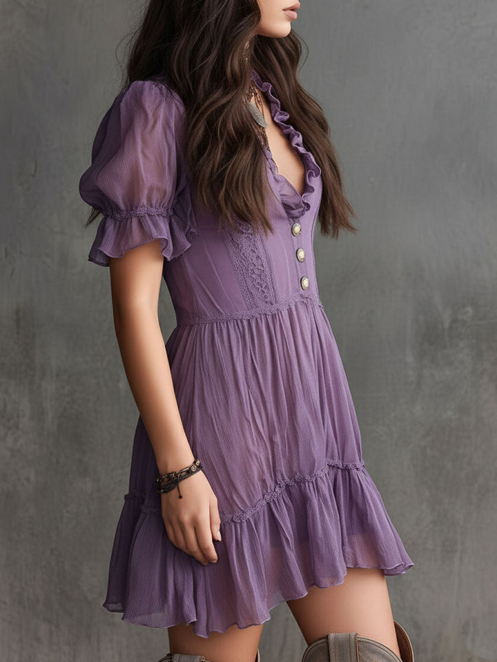 Abito Mini in Chiffon con Maniche a Puff e Rouches