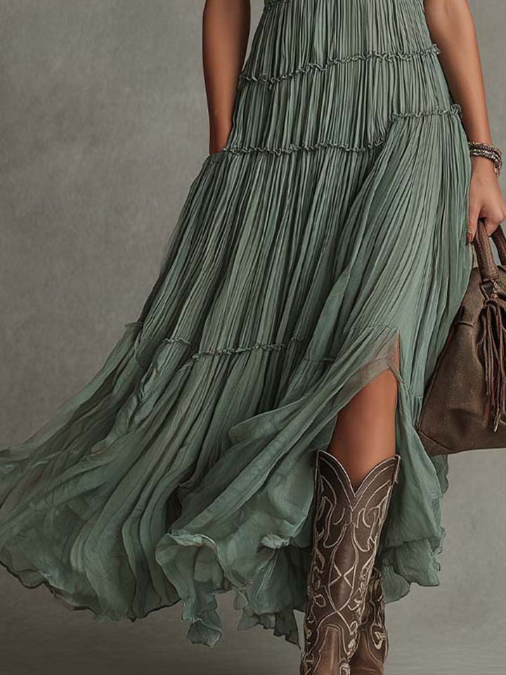 Abito Maxi Fluttuante in Chiffon Pieghettato Verde Salvia