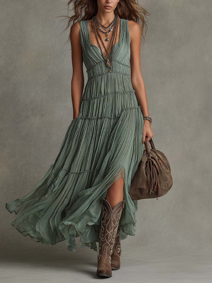 Abito Maxi Fluttuante in Chiffon Plissettato Verde Salvia con Scollatura a V