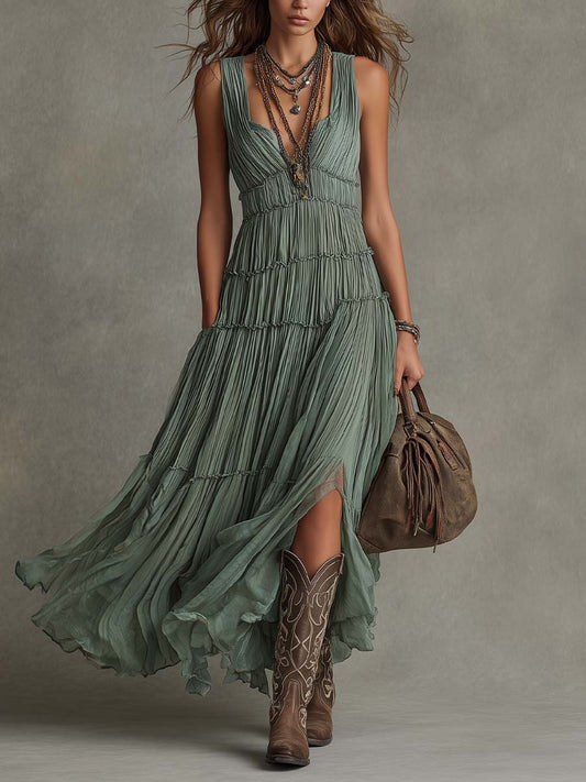 Abito Maxi Fluttuante in Chiffon Pieghettato Verde Salvia