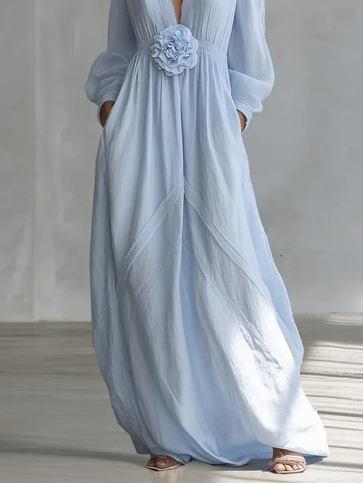Abito Maxi Floreale A Tre Dimensioni Blu Con Scollatura A V Profonda