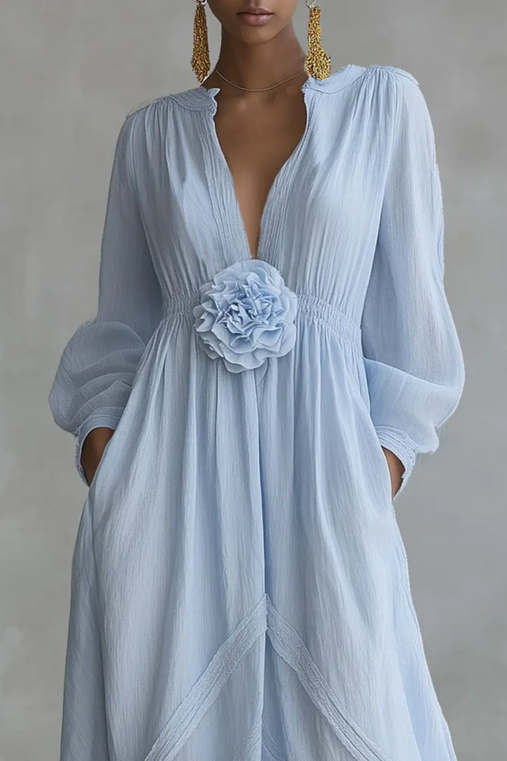 Abito Maxi Floreale Blu con Scollatura Profonda a V