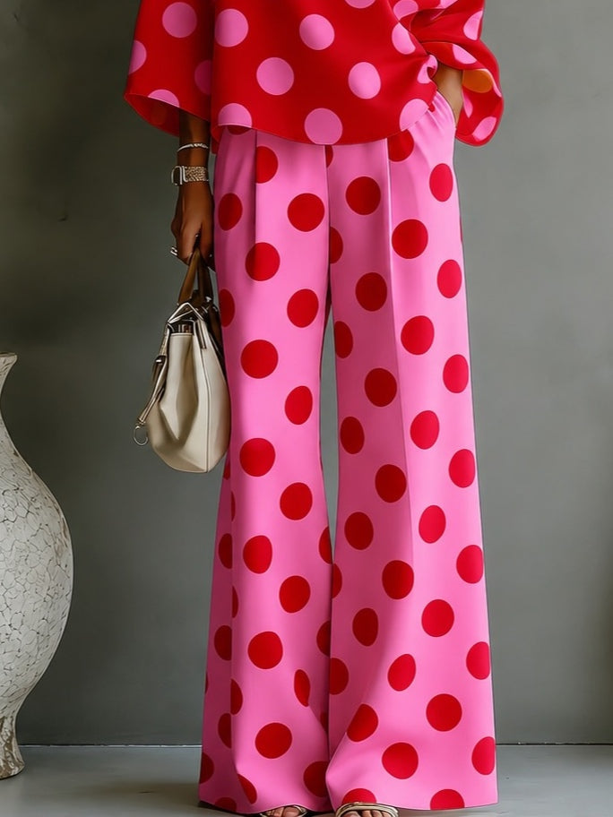Top Off-shoulder Rosa Retro a Pois e Pantaloni a Gamba Larga Set Due Pezzi