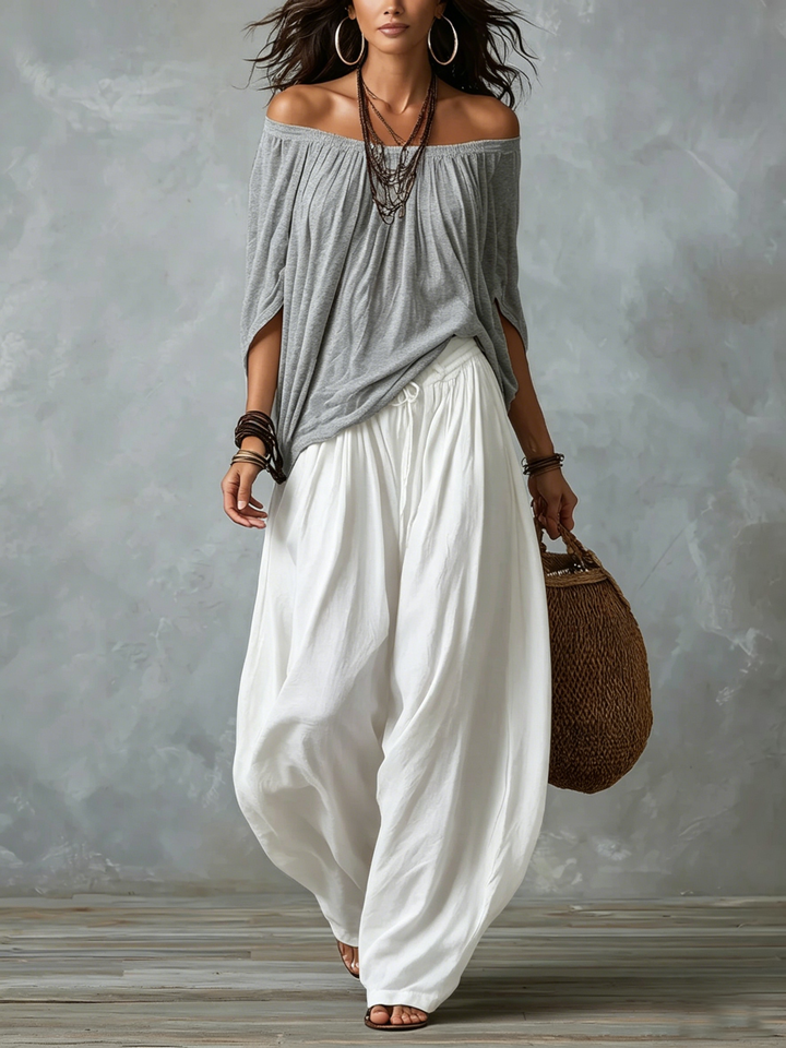 Top Grigio Off-shoulder e Pantaloni Lantern Bianchi Loose-fitting