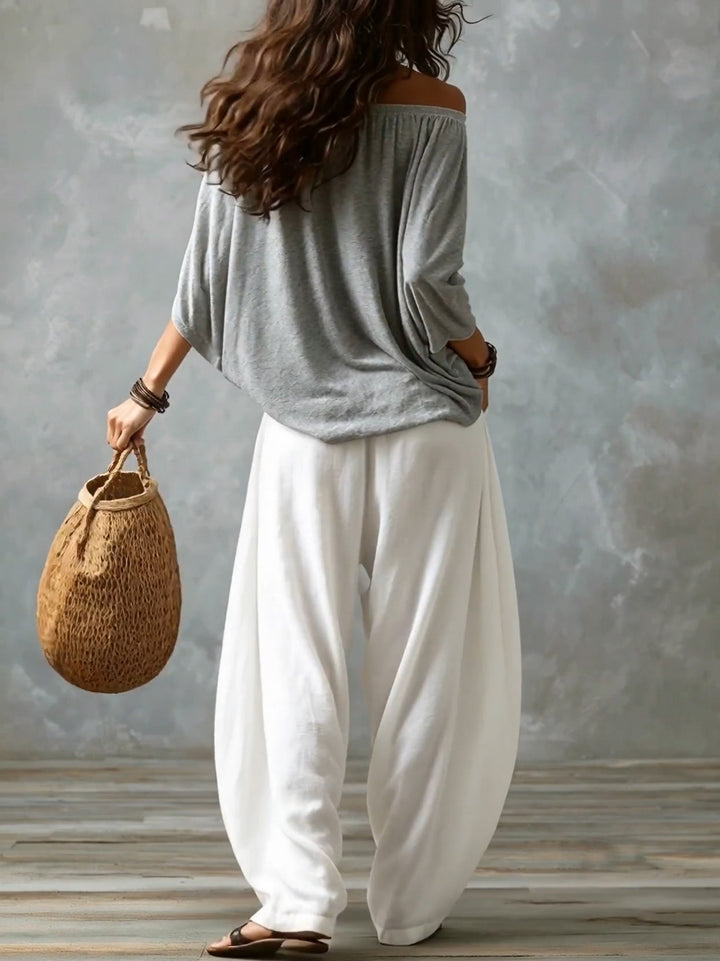 Top Bianco Off-the-shoulder E Set Di Pantaloni Lantern Comodi