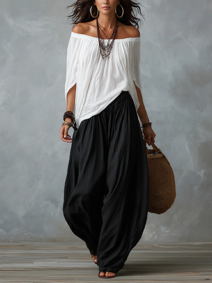 Top Bianco Off-the-shoulder e Set di Pantaloni a Lanternina Svasati