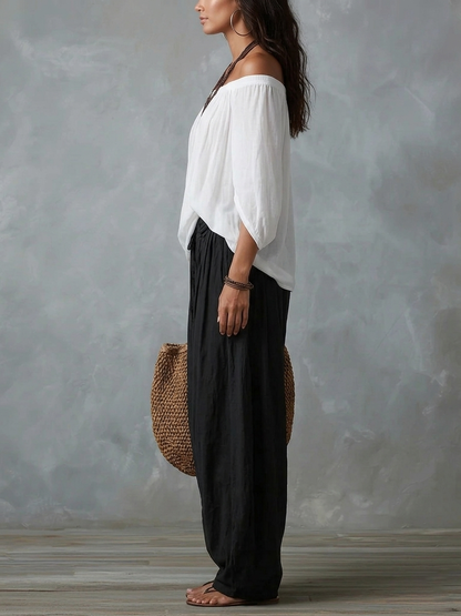 Top Bianco Off-the-shoulder e Set di Pantaloni a Lanternina Svasati