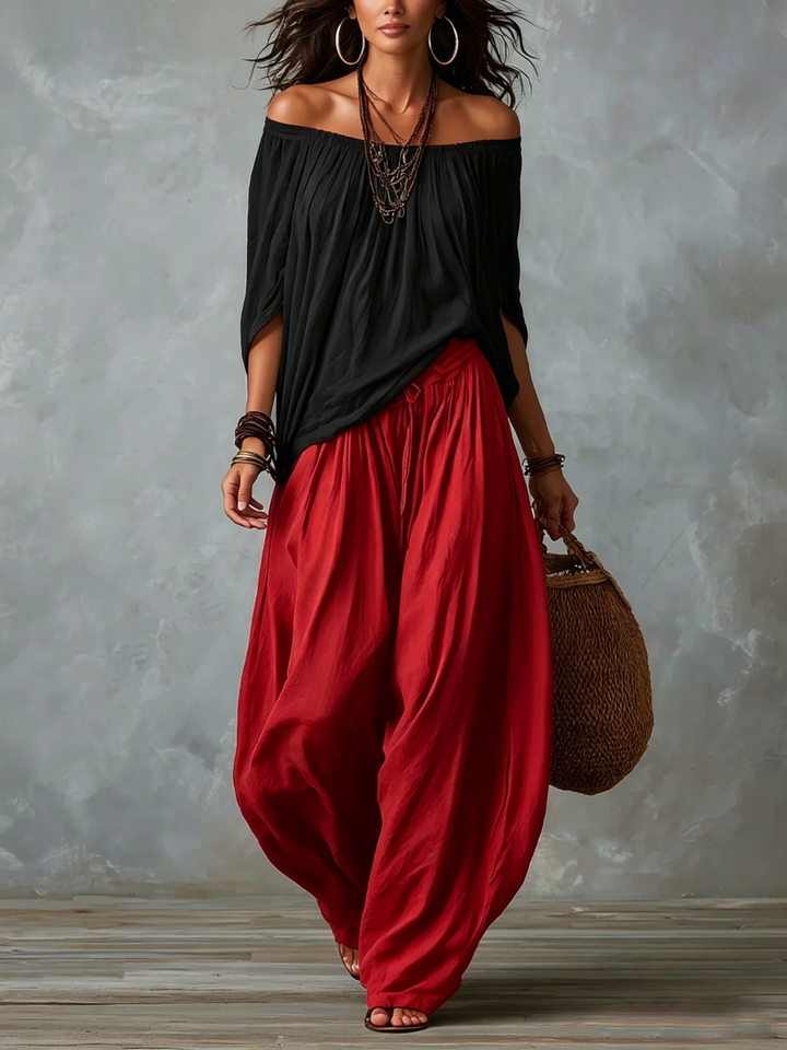 Top Bianco Off-the-shoulder E Set Di Pantaloni Lantern Comodi