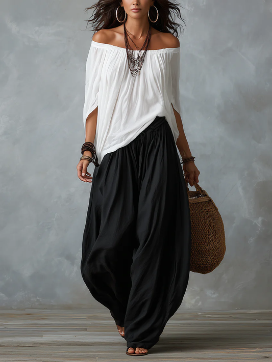 Top Bianco Off-the-shoulder E Set Di Pantaloni Lantern Comodi