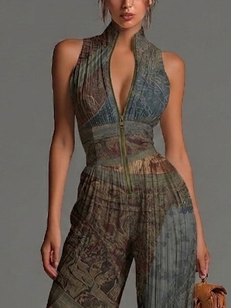 Tuta senza maniche in chiffon plissettato con zip e stampa etnica bohemien