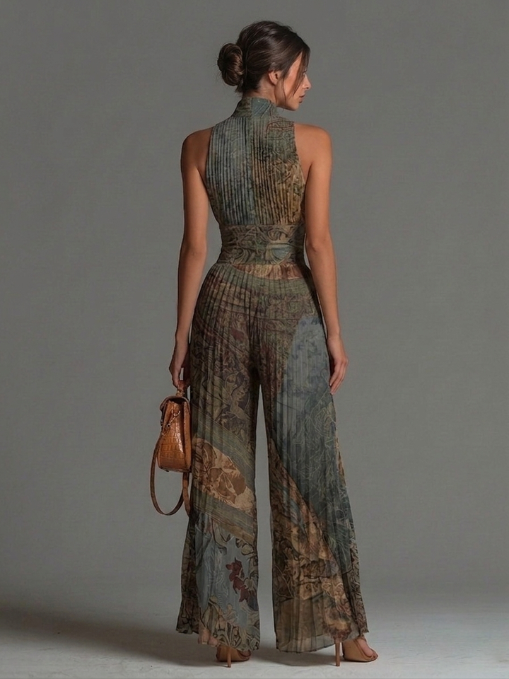 Tuta senza maniche in chiffon plissettato con zip e stampa etnica bohemien