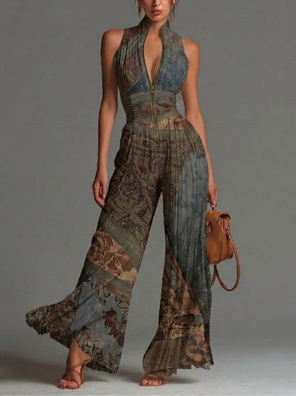 Jumpsuit in Chiffon a Stampa Etnica Bohemien Senza Maniche con Cerniera e Pieghe a Gamba Larga