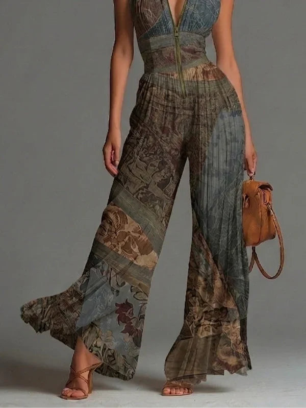 Tuta Senza Maniche in Chiffon con Stampa Etnica Bohemien, Zip e Gamba Larga Plissettata