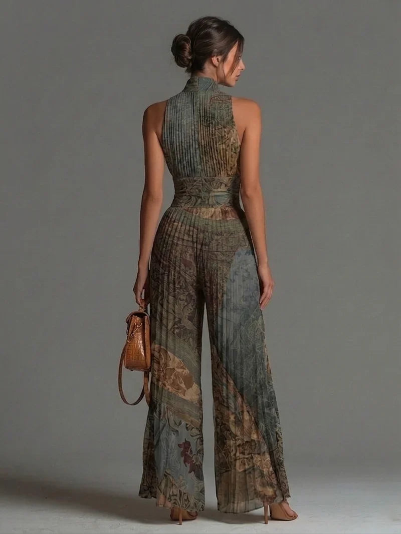 Tuta Senza Maniche in Chiffon con Stampa Etnica Bohemien, Zip e Gamba Larga Plissettata