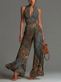 Jumpsuit in Chiffon Plissettato senza Maniche con Zip e Stampa Etnica Bohemien