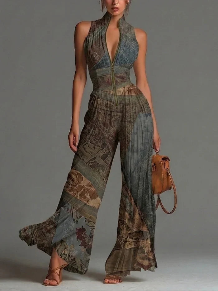 Tuta Senza Maniche in Chiffon con Stampa Etnica Bohemien, Zip e Gamba Larga Plissettata