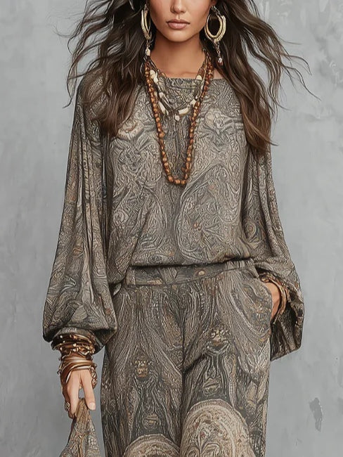 Top a maniche lantern in fantasia paisley grigia e pantaloni a gamba larga