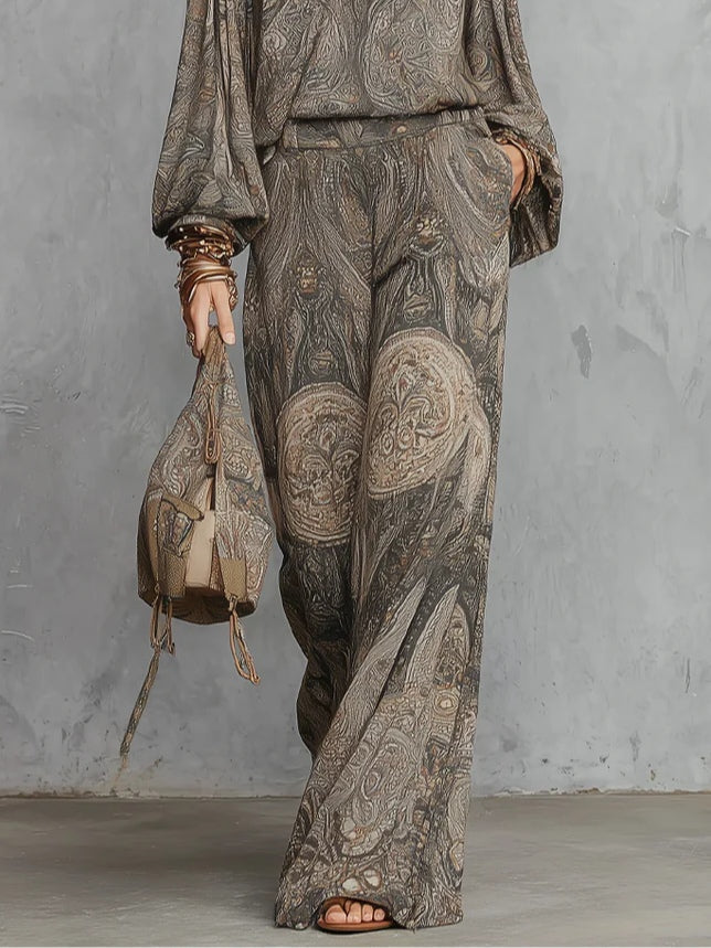 Top a maniche lantern in fantasia paisley grigia e pantaloni a gamba larga